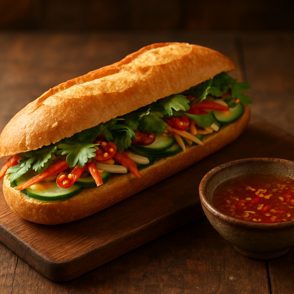 Crispy Vietnamese bánh mì baguette sandwich with fresh herbs and pickled vegetables