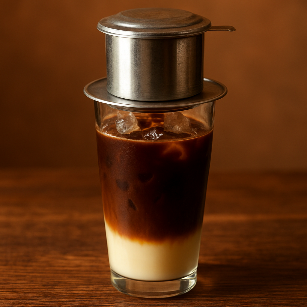 Traditional Vietnamese iced coffee with condensed milk and drip filter