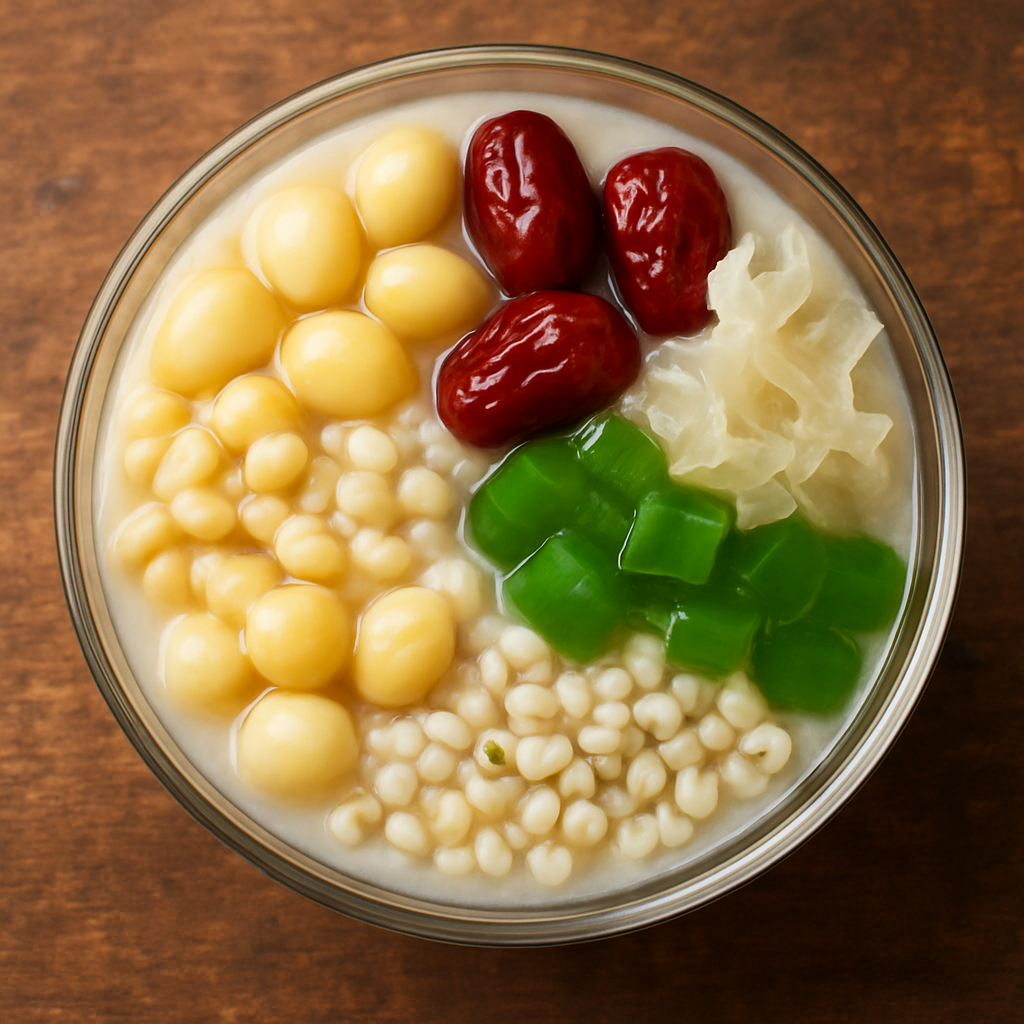 Colourful Vietnamese Sam Bo Luong dessert with coconut milk, pandan jelly and lotus seeds