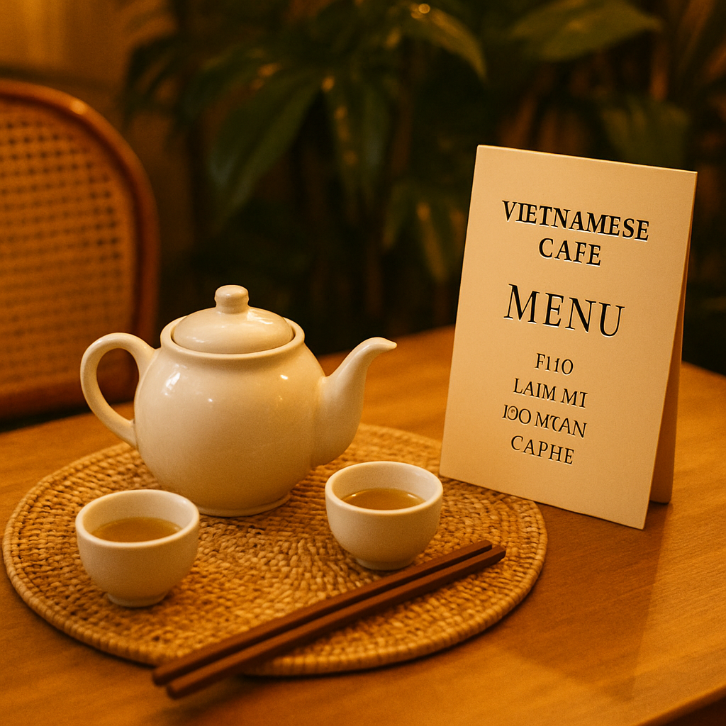 Cafe Ngan dine-in table setting with Vietnamese tea and warm café atmosphere